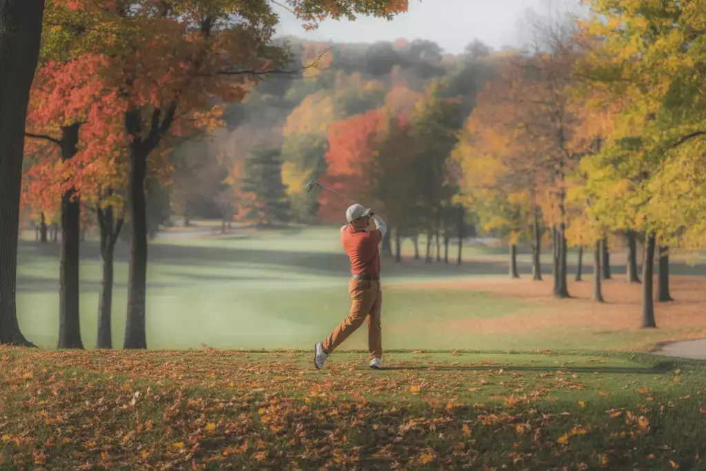 Golfer Playing On Fairway Surrounded By Vibrant Fall Foliage Autumn Season