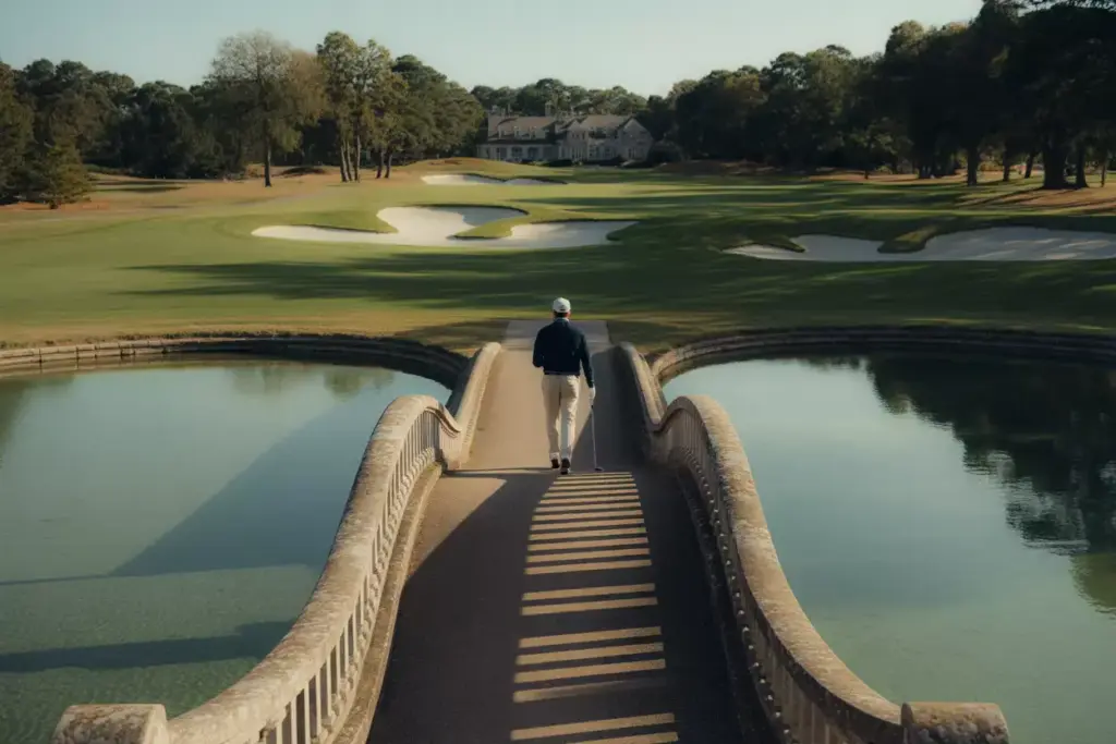 Golfer Framed By Stone Bridge Over Water On Scenic Golf Course Landscape