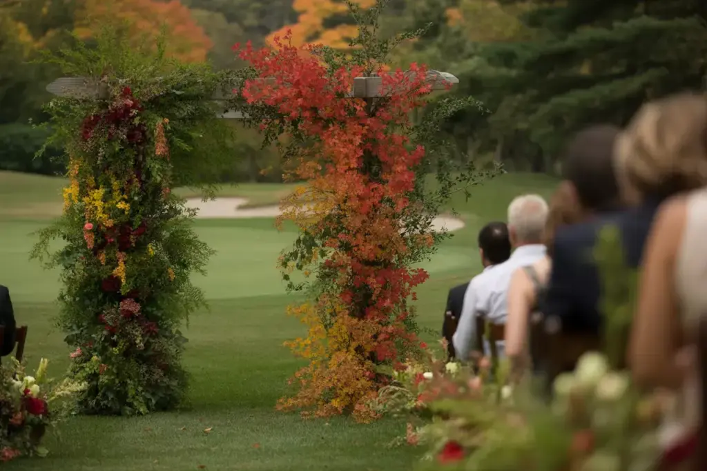 Wedding Arch Framed By Vibrant Autumn Foliage On Golf Course Seasonal Setting