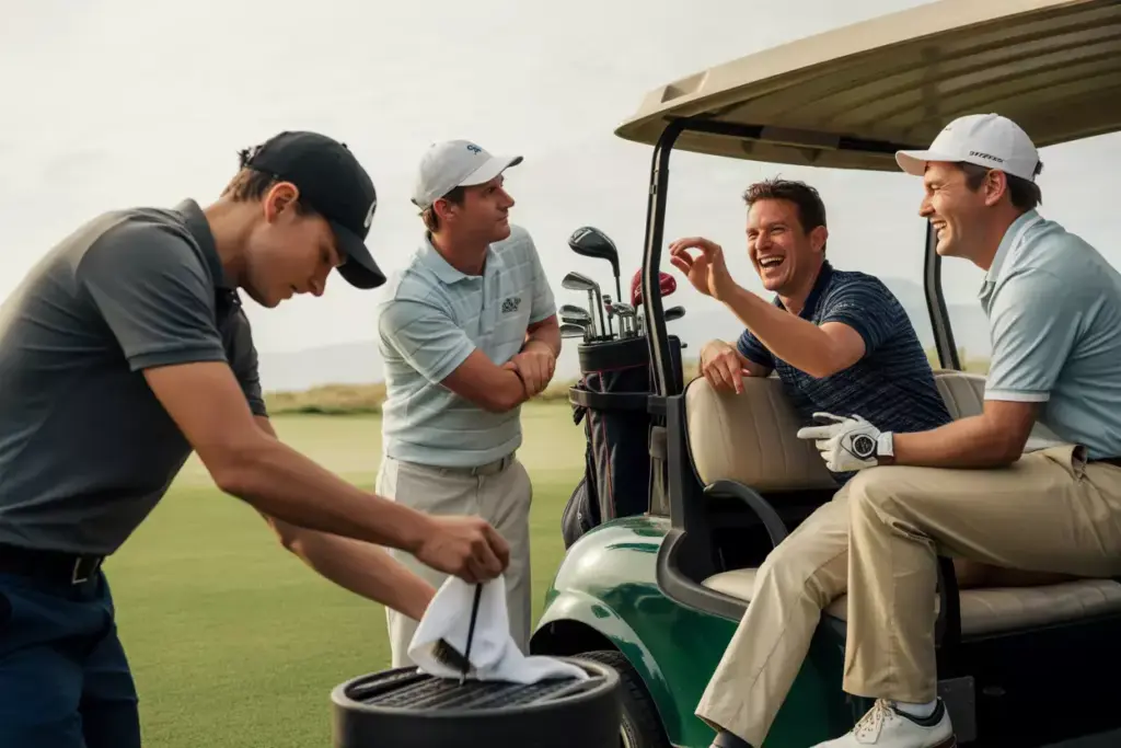 Candid Shot Of Golfer Cleaning Club Or Friends Sharing Laugh By Golf Cart