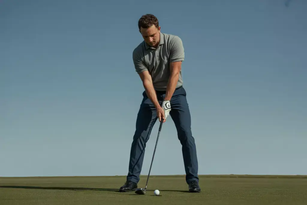A Golfer In Address Position With Proper Posture Side Lit For Drama On A Golf Course