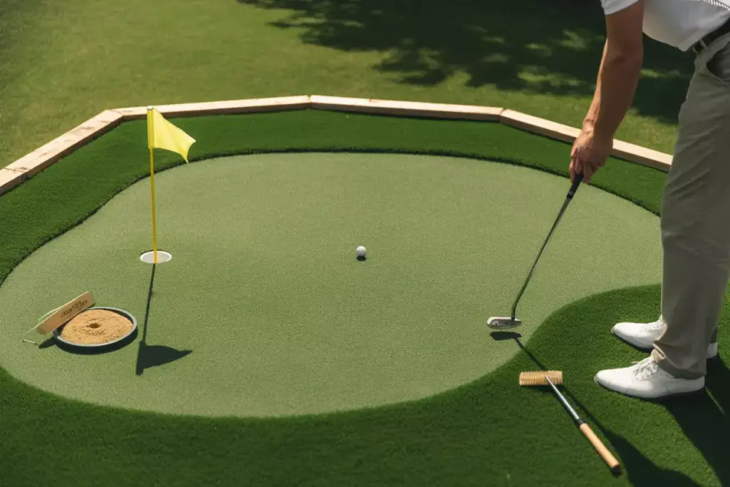 Diy Putting Green Paradise With Artificial Turf Wood Border Golf Ball Cup Flag And Putter In Backyard