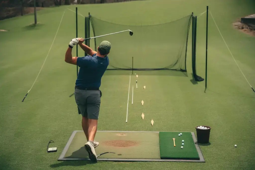 Backyard Driving Range Setup With Practice Net Hitting Mat Golfer In Swing And Golf Balls