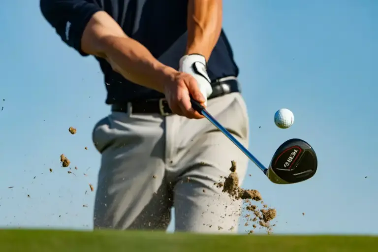 High Speed Shot Of Golf Club Impacting Ball With Hands Leading The Clubhead
