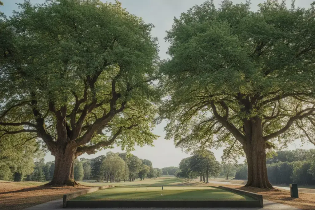 Mature Oak Trees Framing Tee Shot Down Fairway