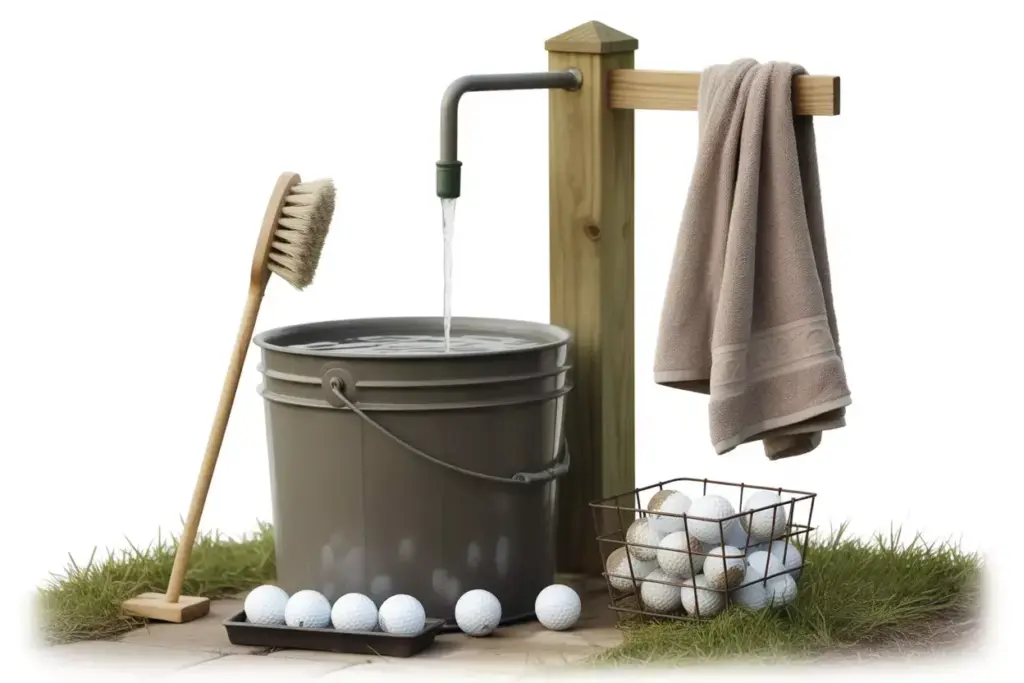 Diy Golf Ball Washing Station With Plastic Bucket Scrub Brush Towel And Golf Balls