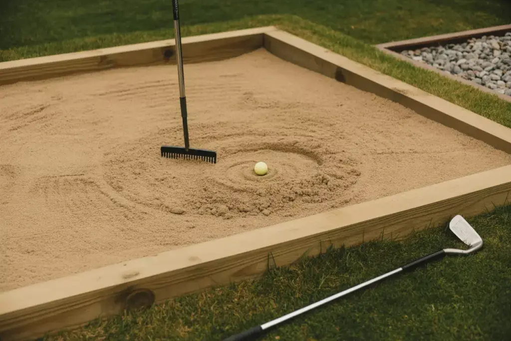 Diy Practice Sand Bunker With Wood Edging Sand Raked Surface And Golf Ball
