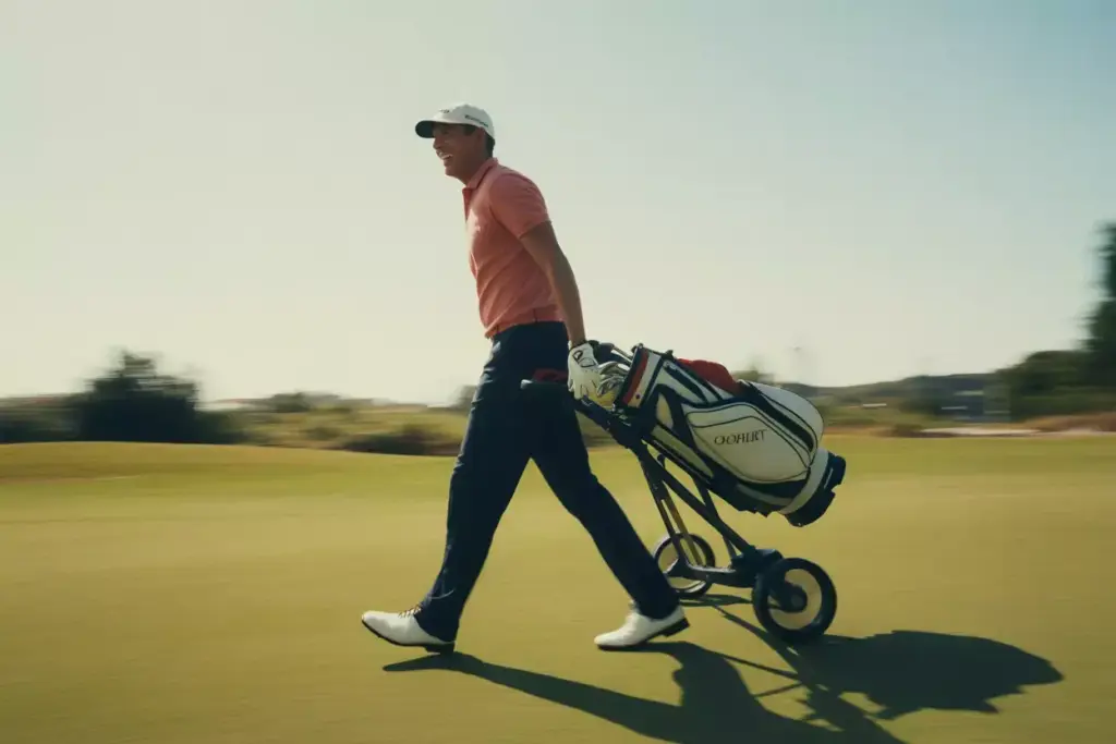 A Golfer Walking Naturally With Bag Slight Motion Blur In Legs Golden Hour Light