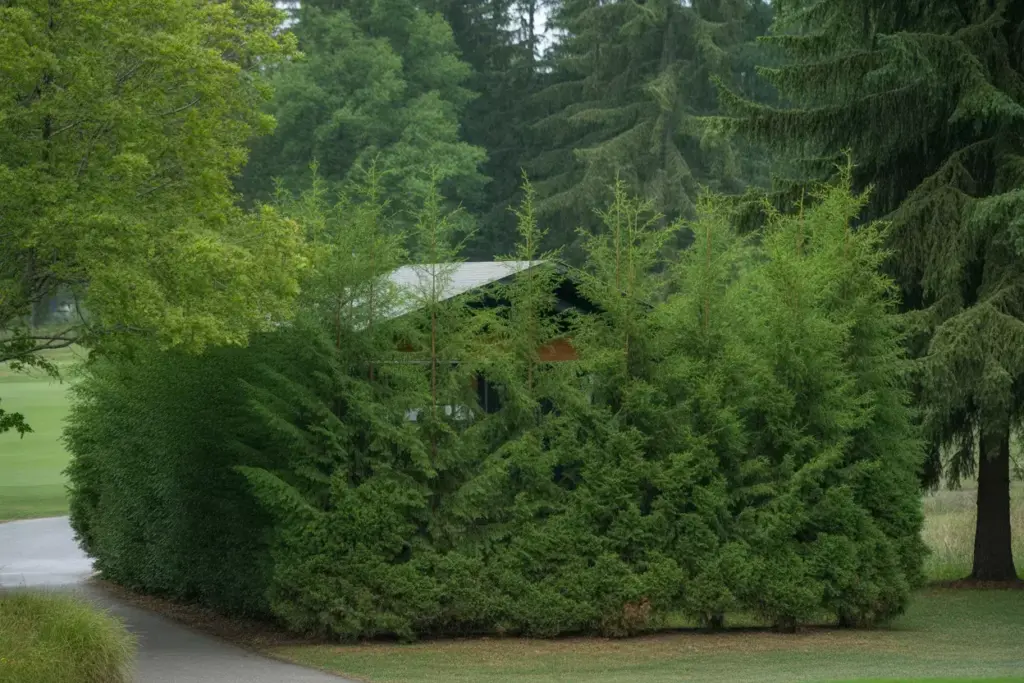 Evergreen Tree Screen Hiding Maintenance Building Course