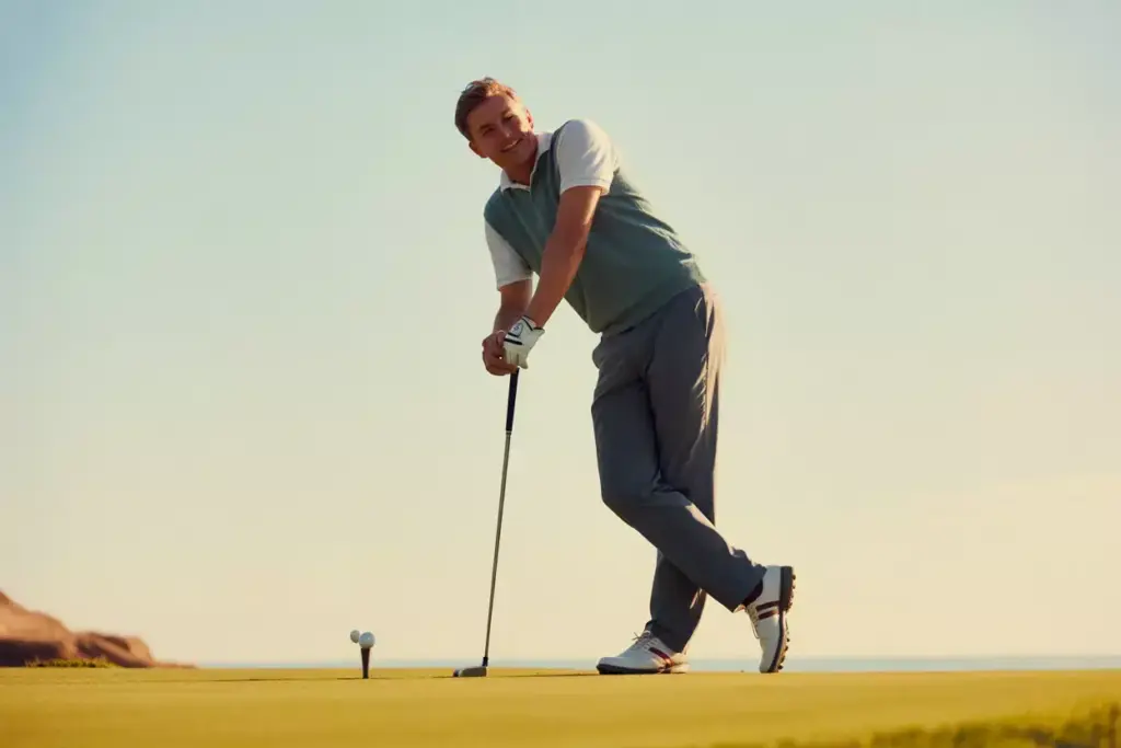 A Golfer Leaning On Club Relaxed Pose During Golden Hour On The Course