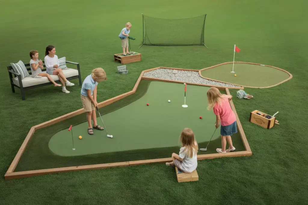 Multi Purpose Backyard Golf Entertainment Area With Putting Green Chipping Net And Seating