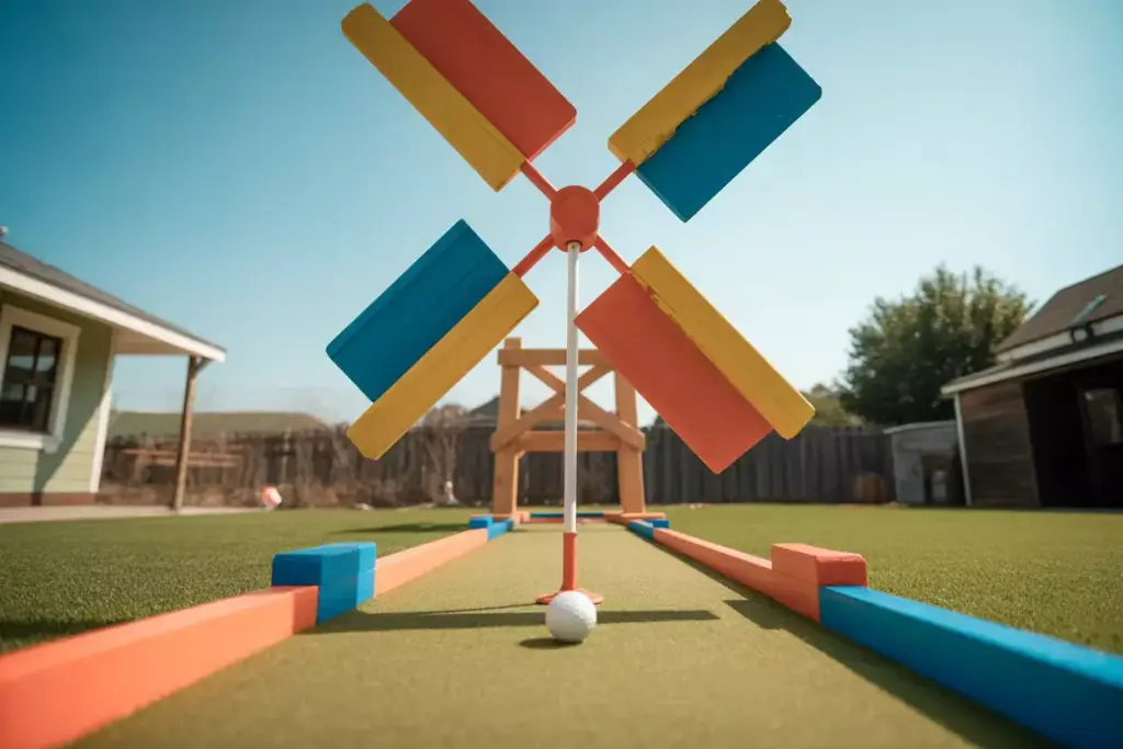 The Classic Diy Windmill Obstacle With Rotating Blades On A Backyard Putting Green