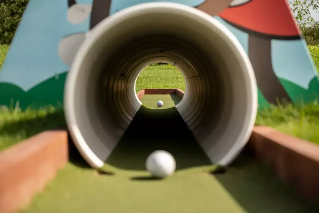 A Golf Ball Rolling Through A Pvc Pipe Tunnel Partially Buried In A Backyard Mini Golf Course