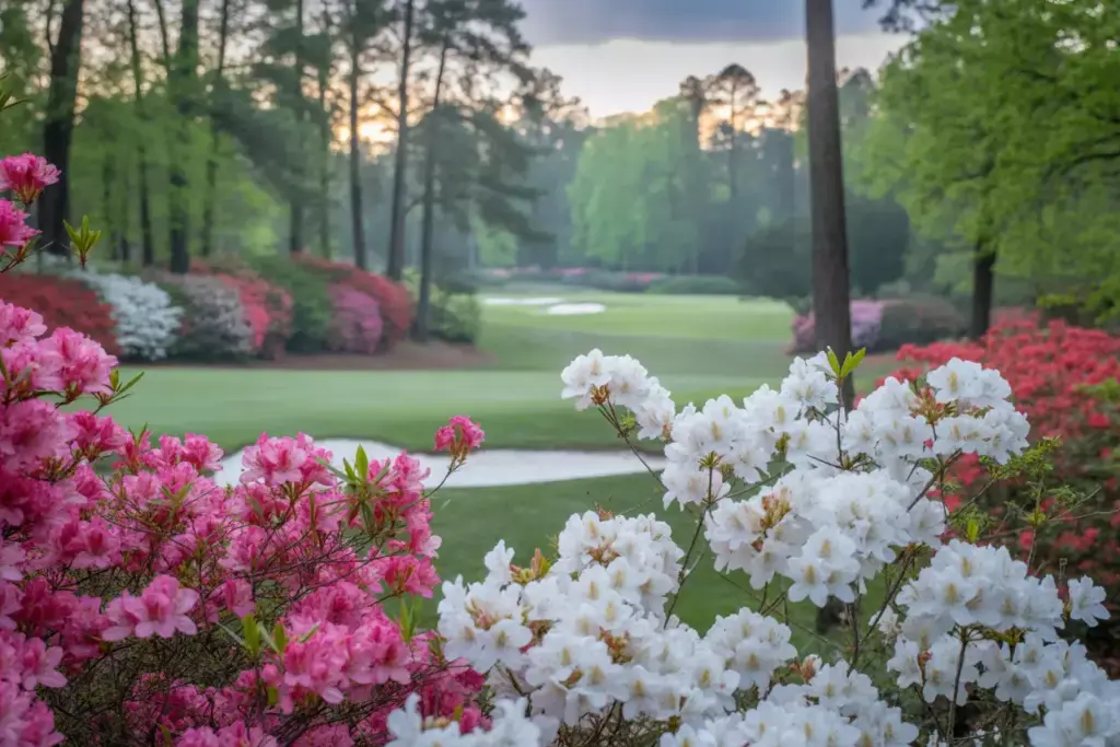 Vibrant Pink White Azalea Blooms Foreground Emerald Fairway