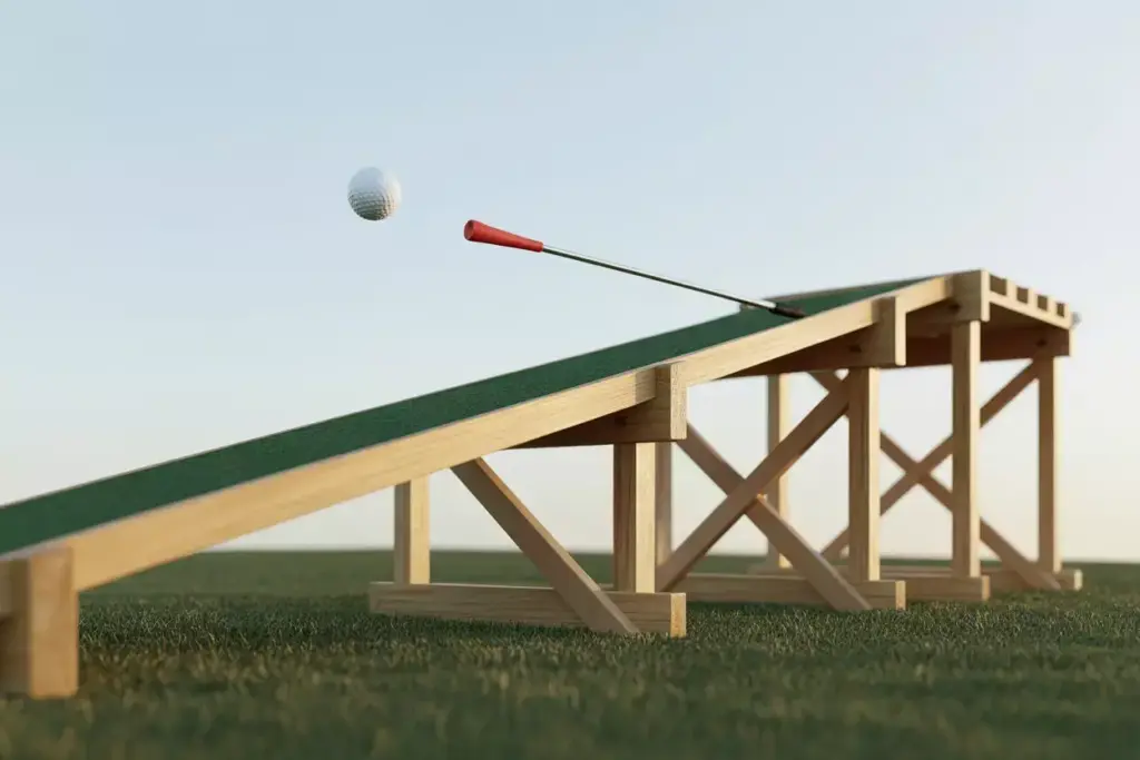 A Golf Ball Launching Off A Steep Diy Wooden Ramp Covered In Outdoor Carpet In A Backyard
