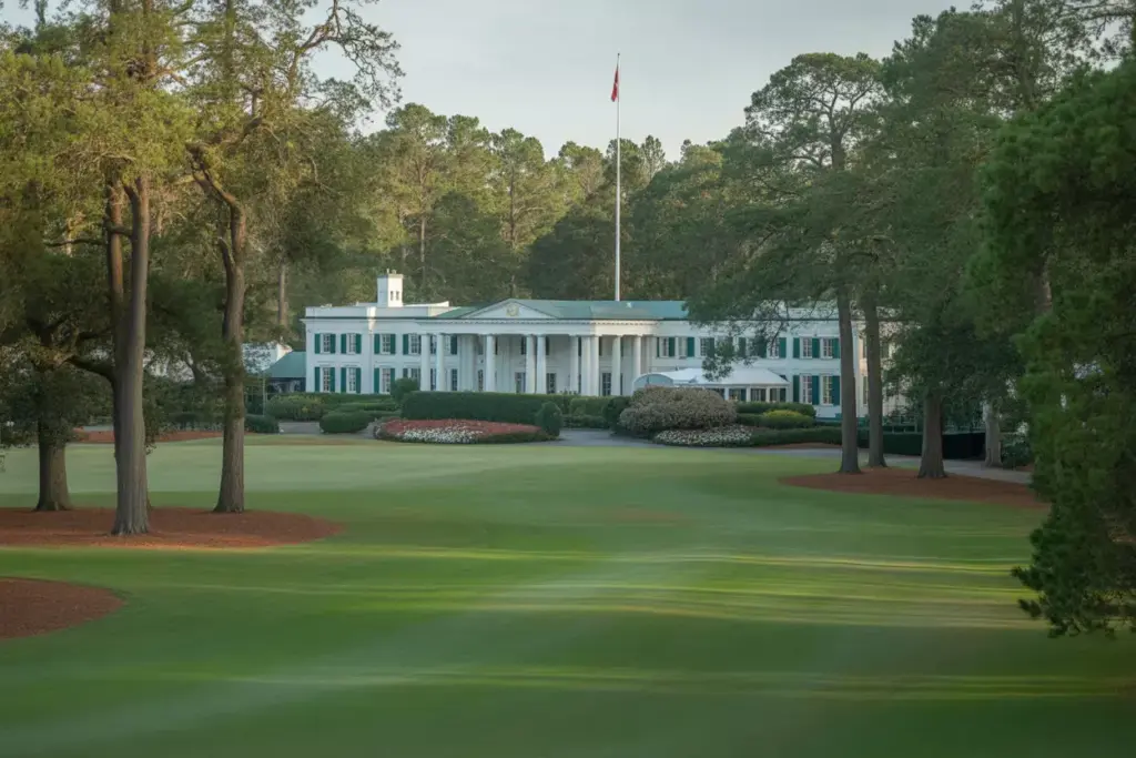 Stately Antebellum Clubhouse White Columns Manicured Lawns Oak Trees