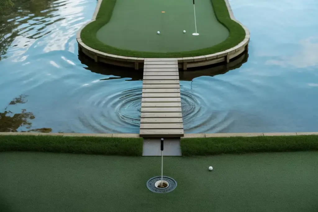 A Backyard Mini Golf Hole With A Wooden Bridge Crossing A Shallow Water Hazard On Turf
