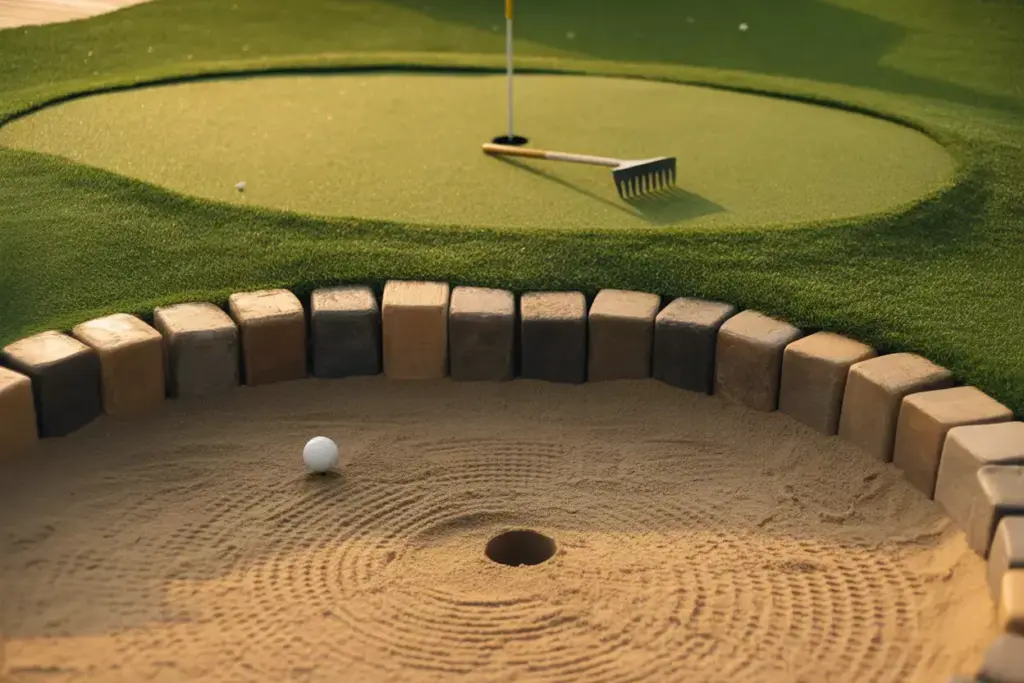 A Golf Ball In A Shallow Sand Bunker With A Wooden Border On A Backyard Putting Green