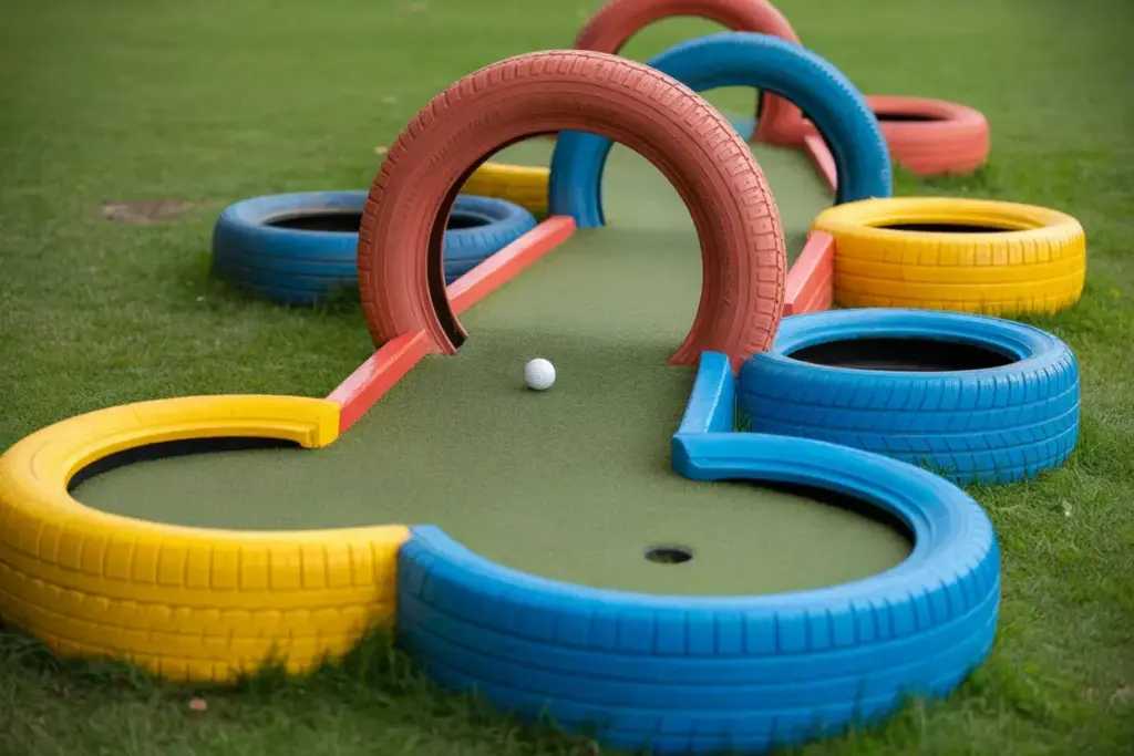 A Colorful Backyard Mini Golf Hole With Brightly Painted Tires As Obstacles On Turf