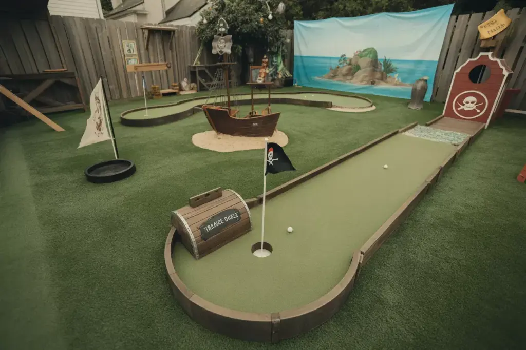 A Pirate Themed Backyard Mini Golf Hole With A Treasure Chest And Ship Obstacle On Turf