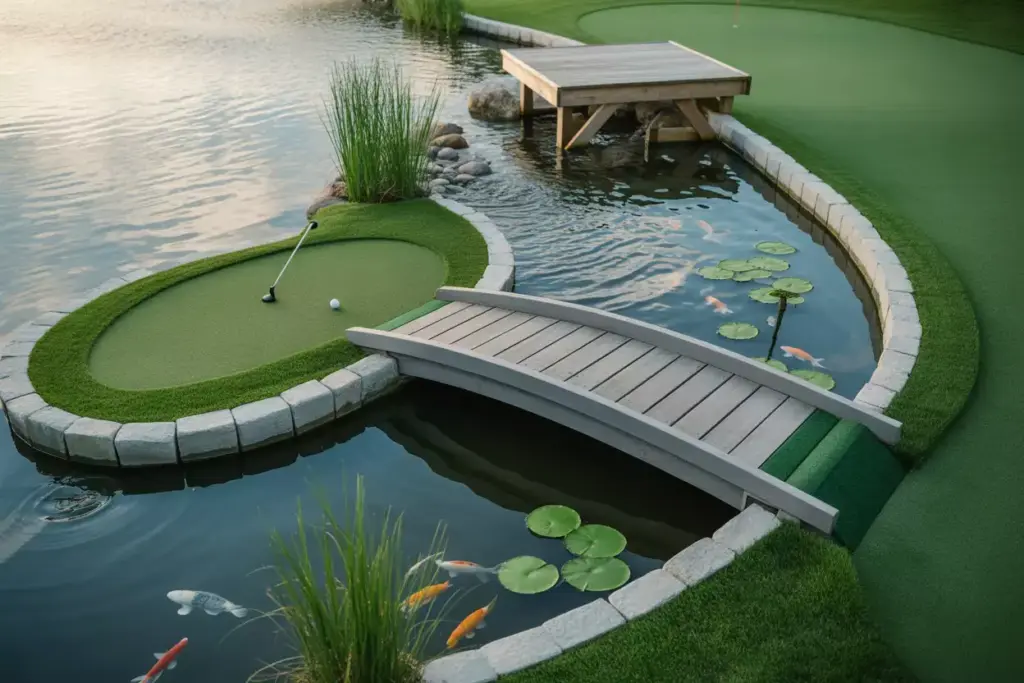 A Mini Golf Hole With A Flowing Stream Wooden Bridge And Koi Fish In A Backyard