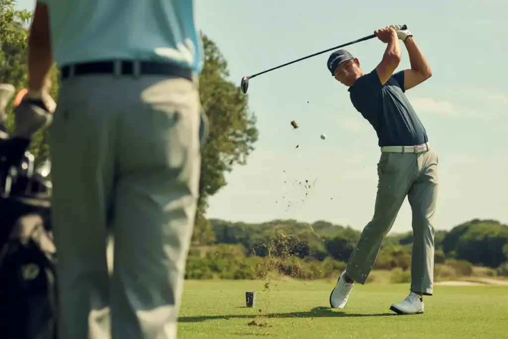 Golfer Mid Swing Wearing Performance Stretch Pants On Fairway