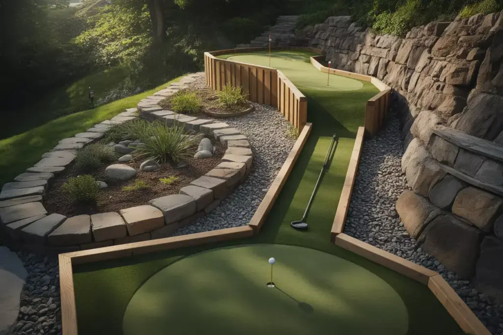 A Terraced Mountain Adventure Mini Golf Hole With Stone Walls And Alpine Plants