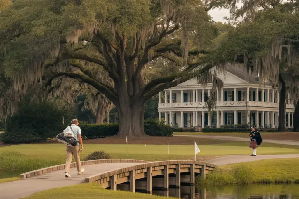 Caledonia Golf Fish Club Golfer Bridge Antebellum Clubhouse Oaks Moss Bagpiper
