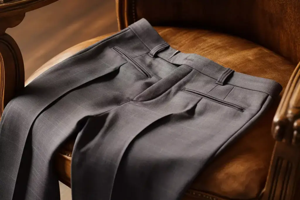Tailored Wool Trousers Luxury Details On Wooden Bench Closeup