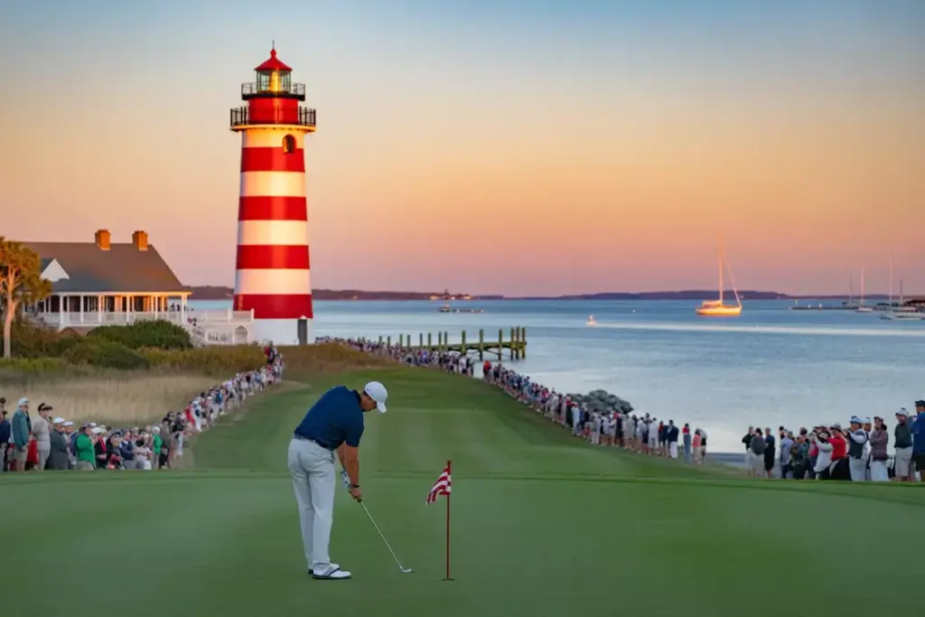 Harbour Town Golf Links Eighteenth Green Lighthouse Sunset Calibogue Sound