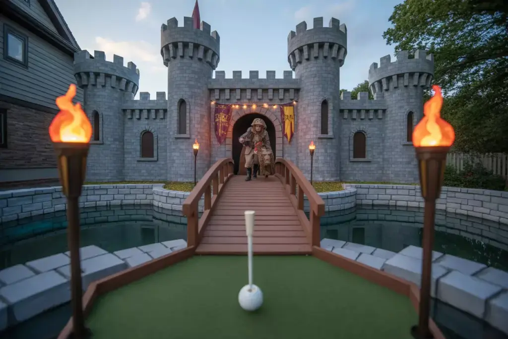 A Medieval Castle Themed Mini Golf Hole With Drawbridge Stone Walls And Flags