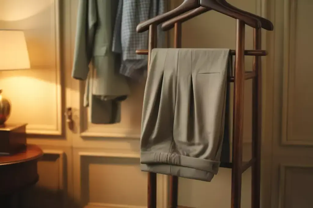 Pleated Traditional Golf Pants Hanging On Wooden Valet Stand