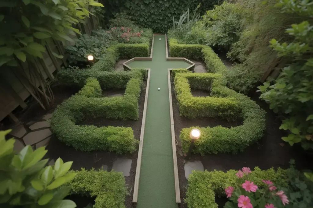 A Living Plant Maze Mini Golf Hole With Trimmed Shrubs Turf Pathway And Flowers