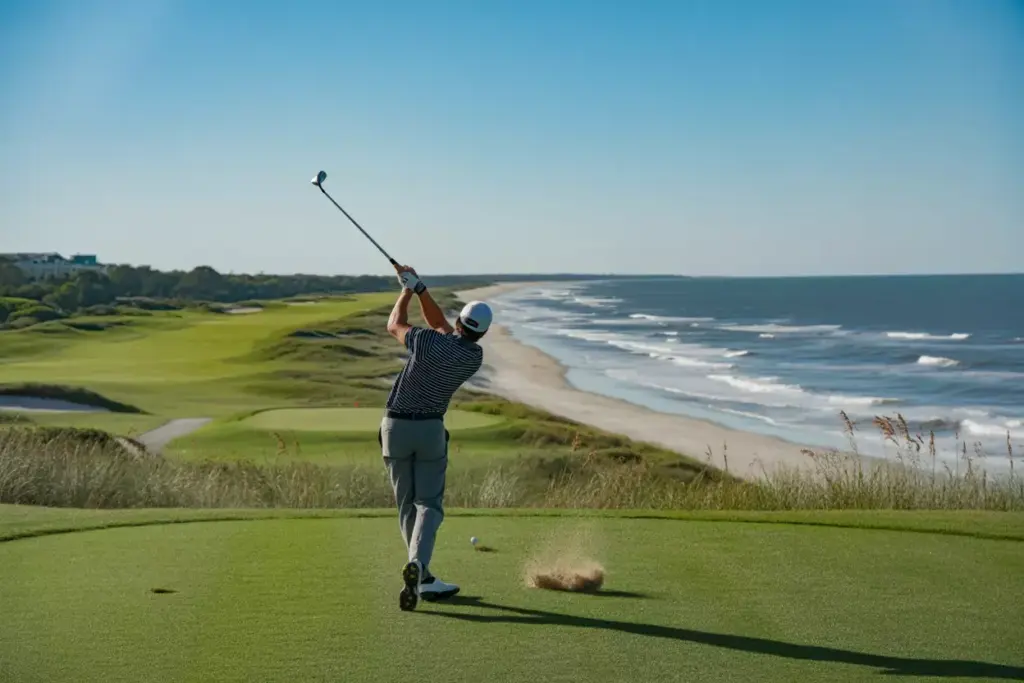 Palmetto Dunes Oceanfront Course Golfer Driving Ball Parallel Atlantic Beach Waves