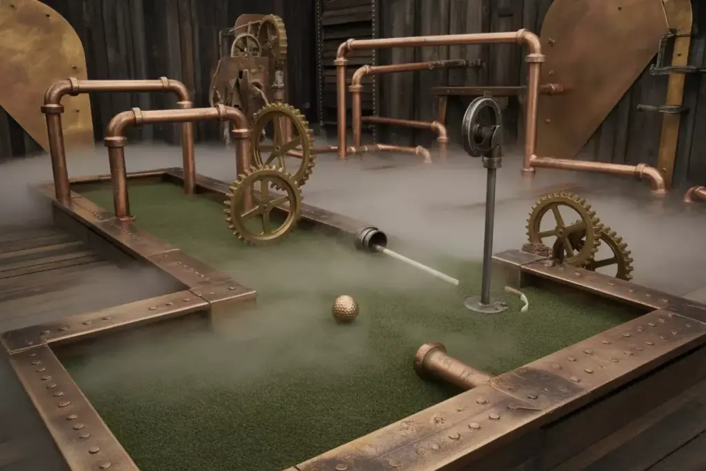 A Steampunk Mini Golf Hole With Copper Pipes Brass Gears And Misty Fog