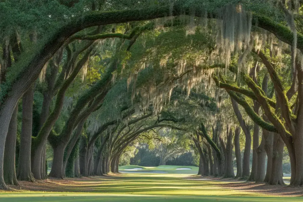Sea Pines Country Club Tree Lined Fairway Live Oaks Spanish Moss Elevated Green