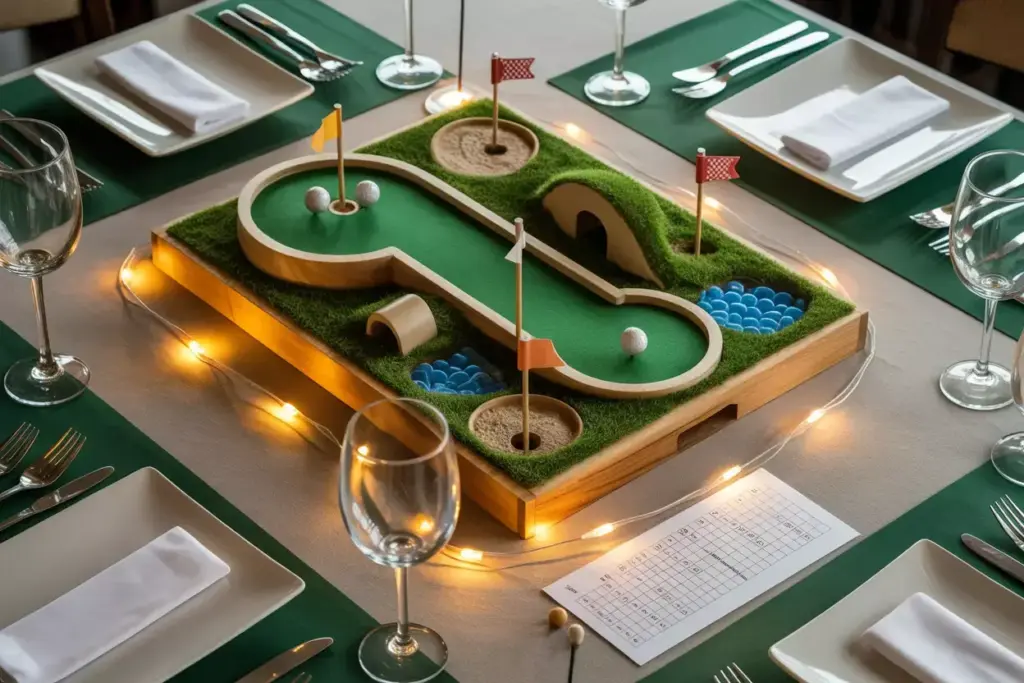 Miniature Golf Course Centerpiece On Table With Led Lights Obstacles Flags And Scorecard