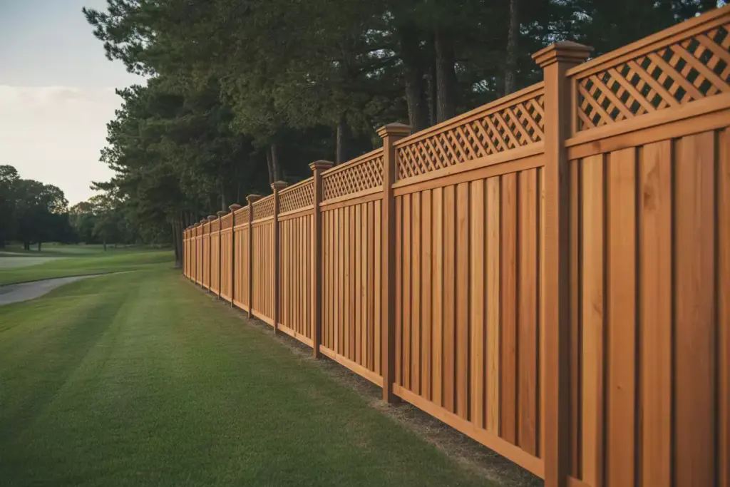 Tall Cedar Wood Privacy Fence With Lattice Top Bordering A Golf Course Backyard