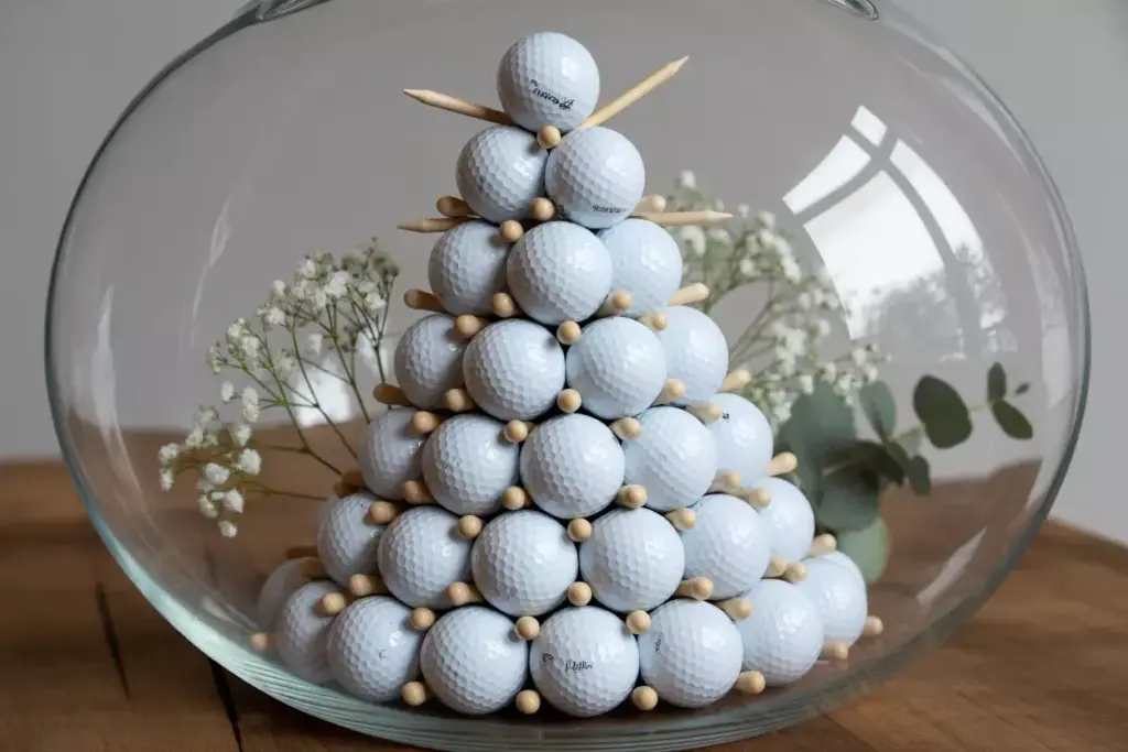 Elegant Pyramid Of Golf Balls And Tees In Glass Bowl With Greenery