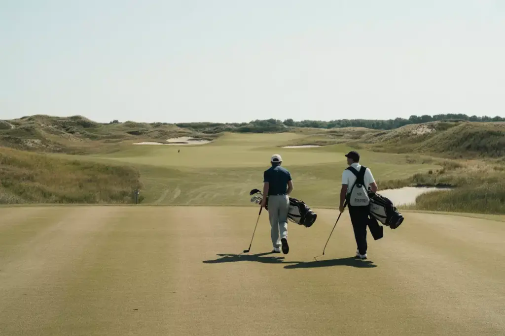 Sand Valley Walking Golfer Caddie On Natural Sand Dunes Fairway