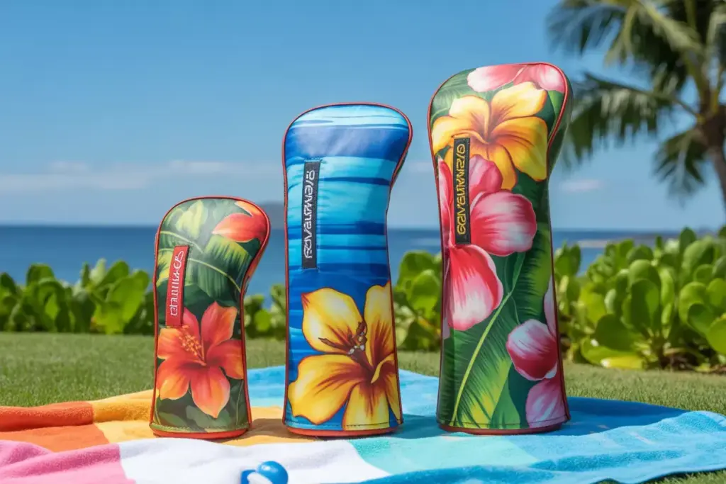 Tropical Hawaiian Floral Headcovers On Beach Towel Background