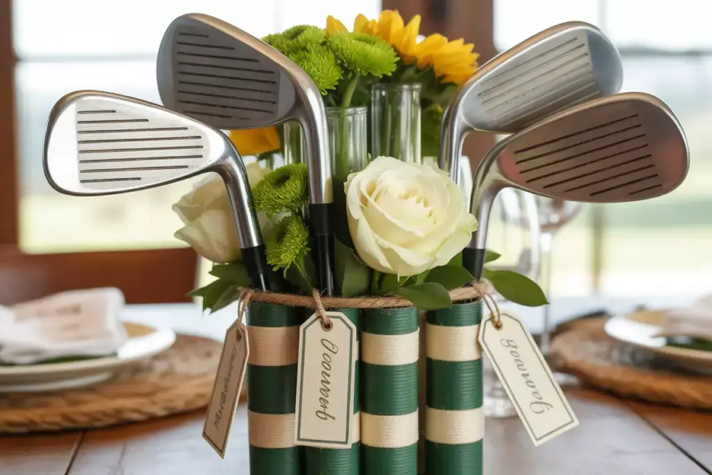 Vintage Golf Club Vases With Fresh Roses Chrysanthemums Sunflowers And Name Tags