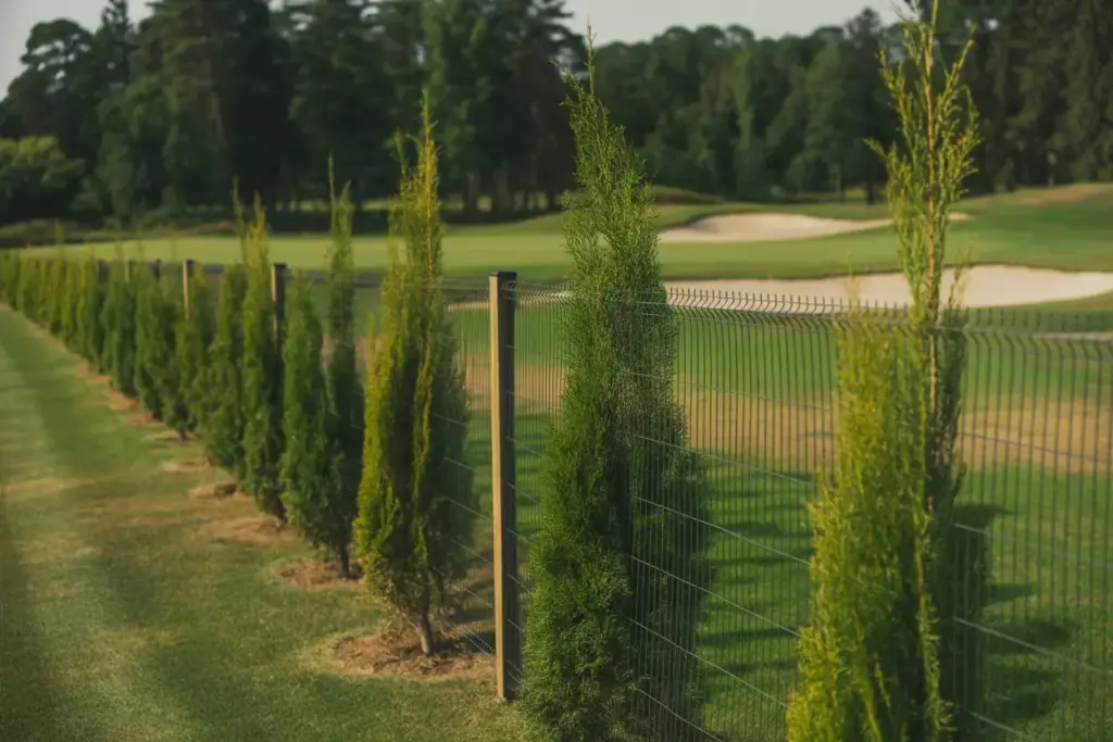 Young Leyland Cypress Hedge Behind Temporary Fence On Golf Course Property