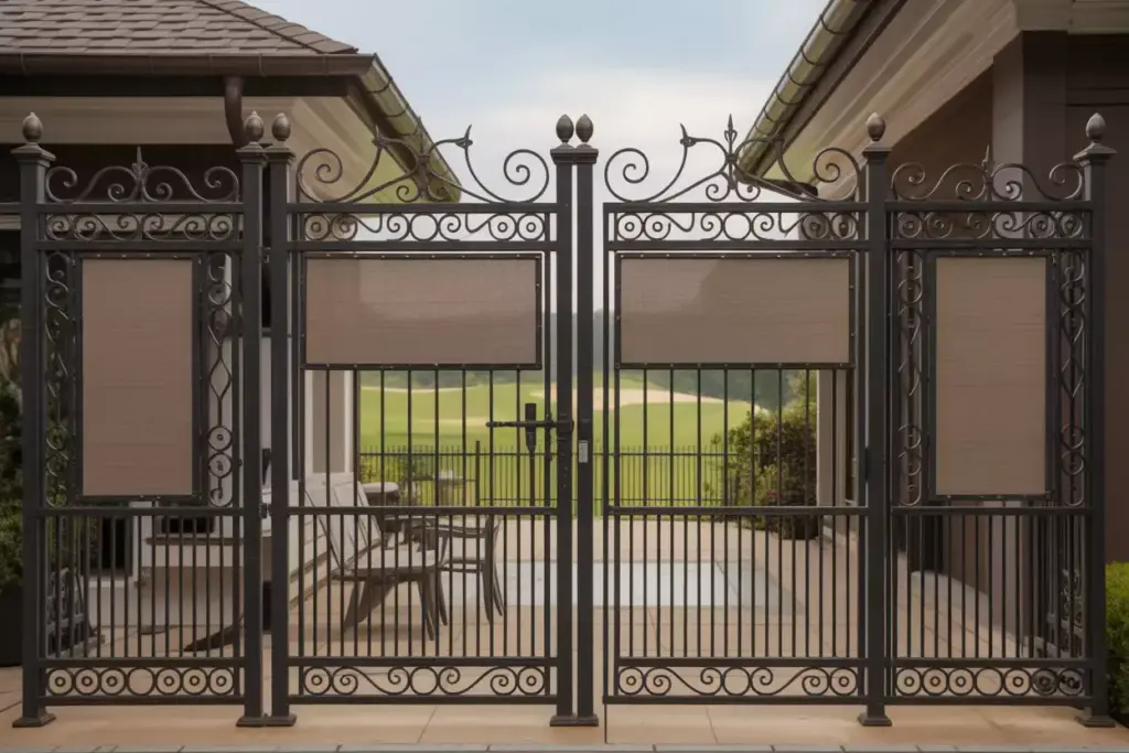 Black Ornamental Iron Fence With Wood Panel Inserts In Golf Course Backyard
