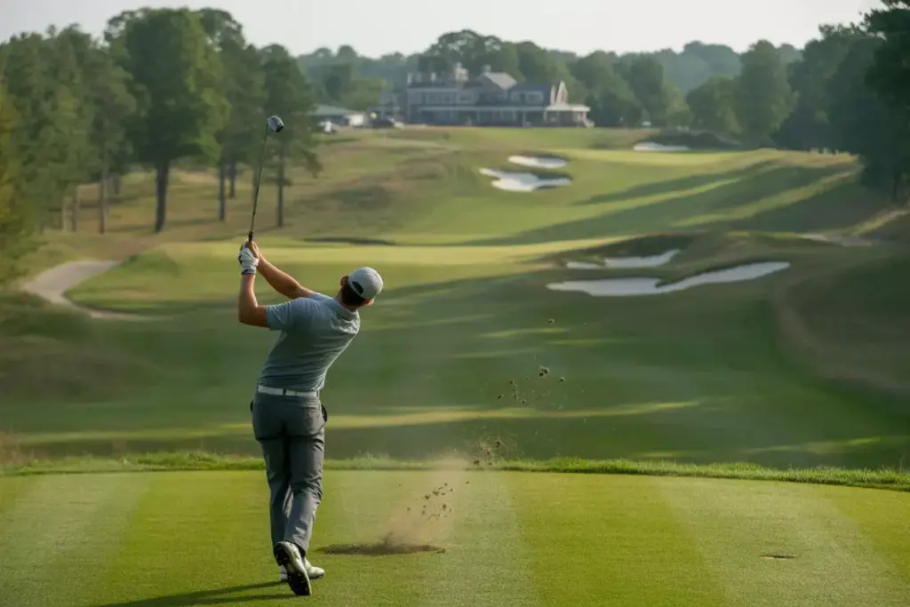 Bull Pinehurst Farms Golfer Uphill Approach Elevated Green Bunkers