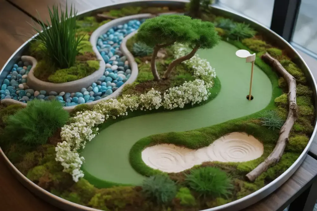 Miniature Golf Course Landscape Made From Moss Flowers Pebbles And Sand