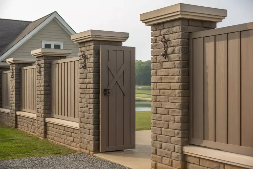 Stone Pillar And Wood Panel Fence At Golf Course Property Entrance