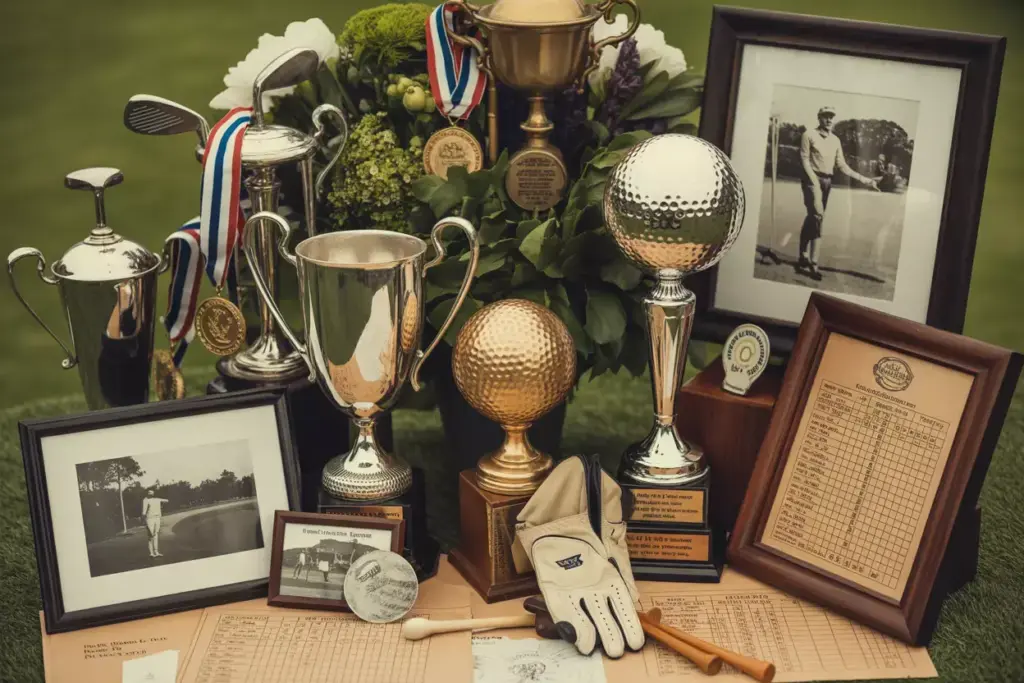Vintage Golf Trophies Medals Ribbons With Flowers And Framed Historical Photographs
