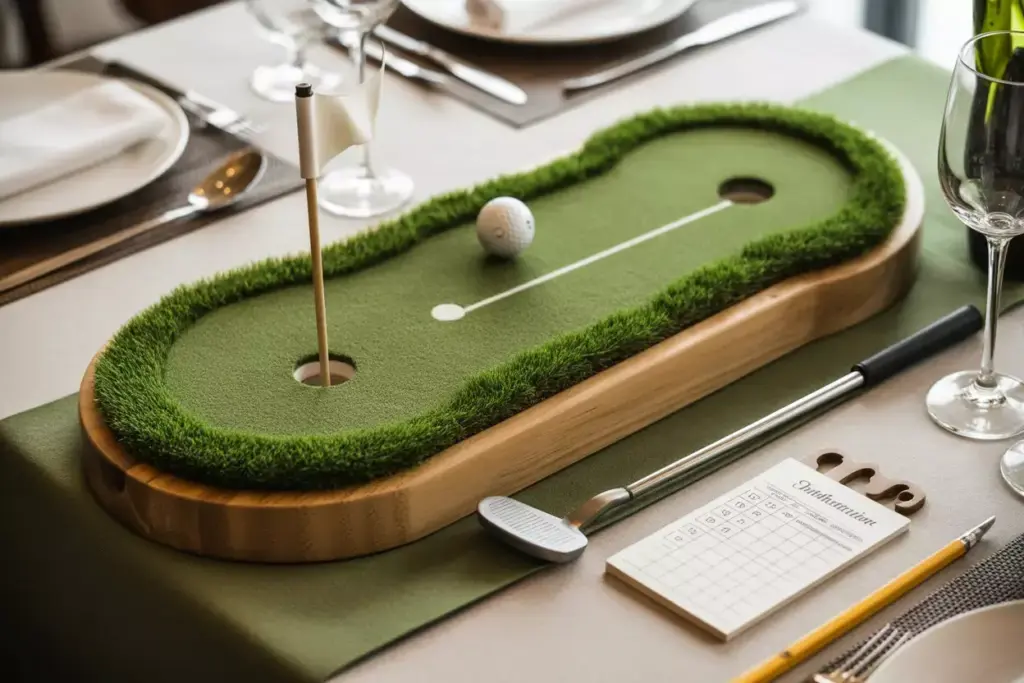 Small Artificial Putting Green Centerpiece With Mini Putter Ball Flag And Scorecard