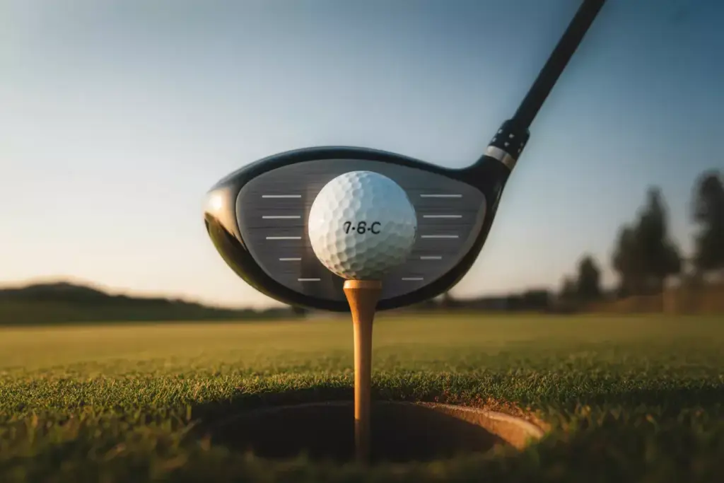 A Large Titanium Driver On Tee At Sunrise On Fairway